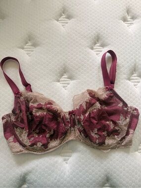 Lace-Trim Underwire Bra in Burgundy and Beige